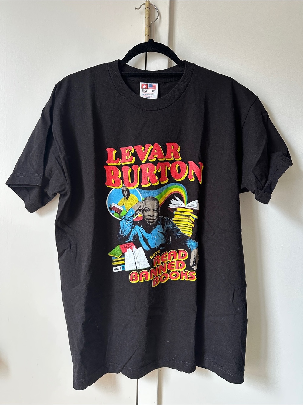 Black Graphic Tee with Colorful LeVar Burton “Read Banned Books” Print